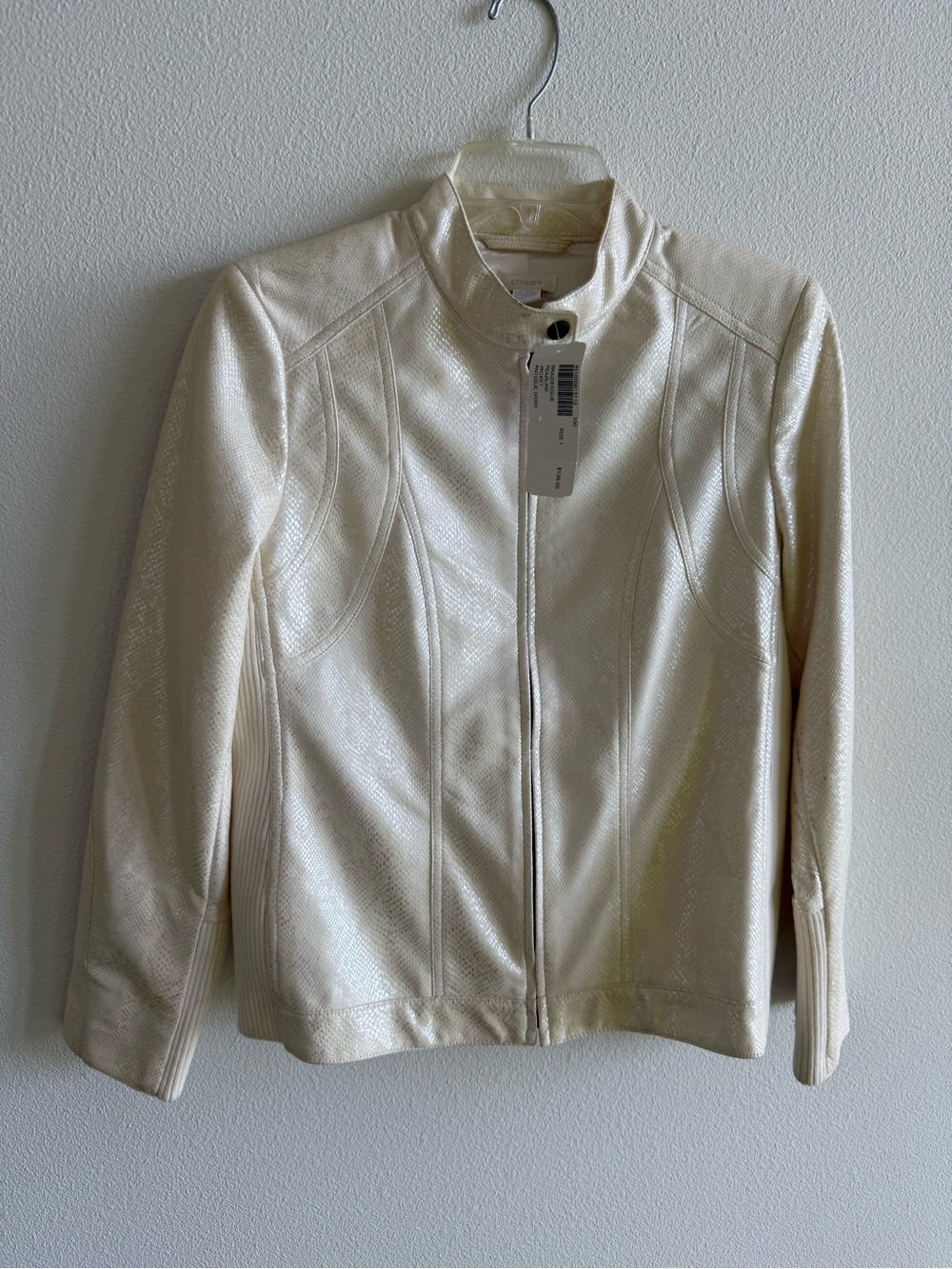 Chico's Cream Textured Zip-Front Leather Jacket